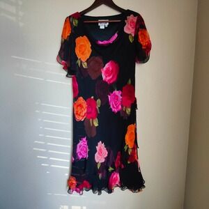 VTG Cattiva 100% Silk Midi Dress Rose Illusion‎ Floral Cowl Flutter 12 Fairycore